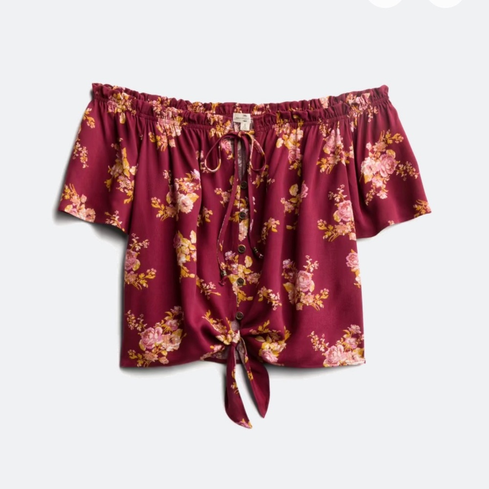 Off-Shoulder Floral Blouse in Burgundy with Pink Accents